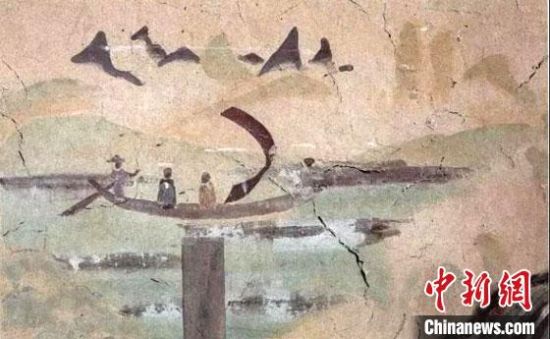 “一人搖櫓晃扁舟，兩人撐篙水上漂?！眻D為莫高窟第323窟《搖櫓帆船》（初唐）?！《鼗脱芯吭汗﹫D